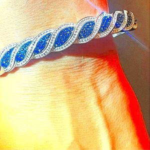 Platinum over silver sapphire and crystal bangle bracelet